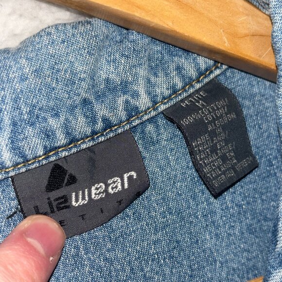 VTG Liz Claiborne Chore Jacket Womens M Petite Blue Denim Jean button Up Lizwear - Picture 5 of 10